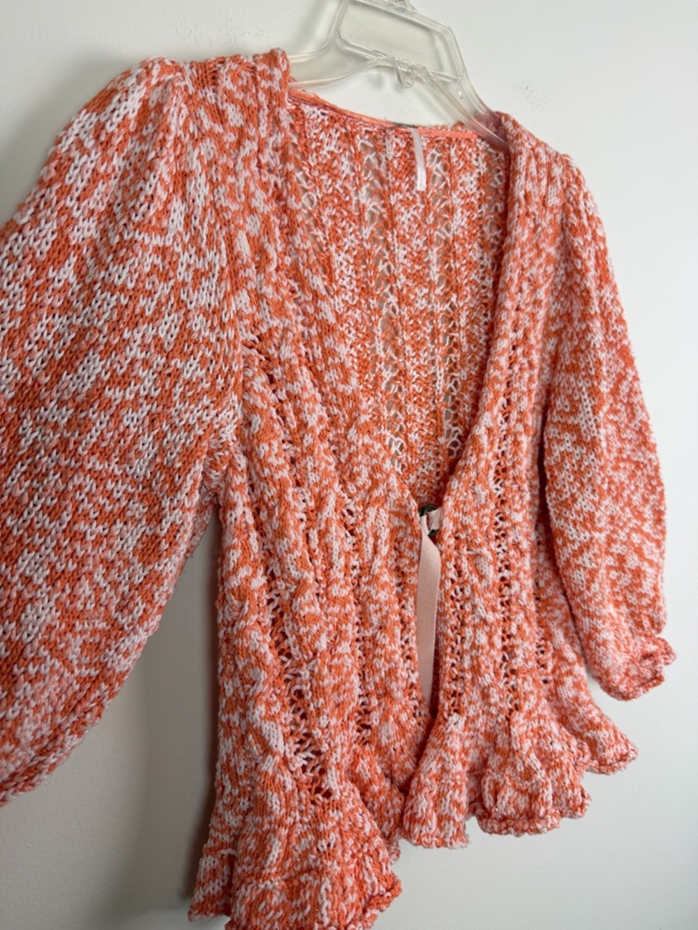 Free People Yesterday Tie Front Puff Sleeve Pointelle Cardigan Size S - Picture 4 of 13
